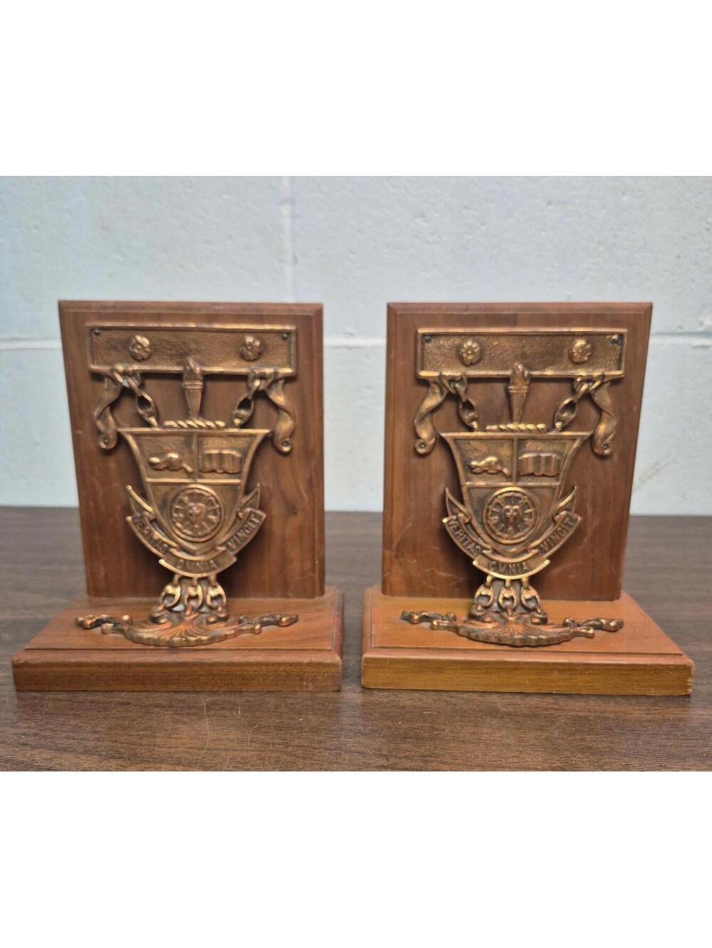 Vintage Waterloo University Wooden Bookends with Bronze Crest Plaques